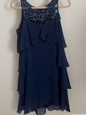 SLNY Navy Layered Chiffon Midi Dress
